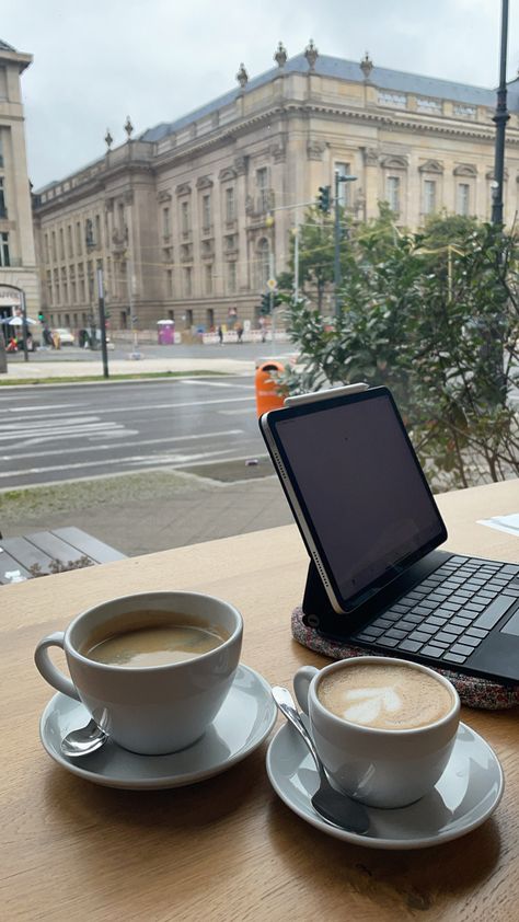 co-working in a Café with a view of old berlin. two coffees and an ipad Work Meeting Aesthetic, Ambitious Aesthetic, Working At Cafe, Coffee And Work, Ipad Inspo, Work Aesthetic, Coffee Meeting, Winter Arc, Coworking Office