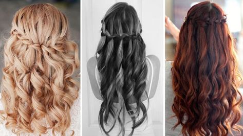 Braid With Curls, Braid Hairstyle Ideas, Hairstyles For Winter, Waterfall Braid With Curls, Winter Ball, Braid Hairstyle, Waterfall Braid, Braid Hairstyles, Hairstyle Ideas