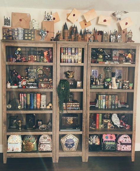 Harry Potter Bookshelf Display, Harry Potter Collection Display, Harry Potter Room Aesthetic, Harry Potter Interior Design, Lego Set Display, Harry Potter Interior, Collectors Room Ideas, Harry Potter Bookshelf, Harry Potter Display