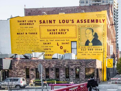 Saint Lou's Assembly - Chicago Mural by Right Way Signs of Chicago on Dribbble Mural Font Lettering, Chicago Street Art, Chicago Murals, Chicago Art Institute, Lake Union, Types Of Lettering, Mural Design, Global Community, Chicago