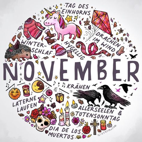 November–Illustration für Bulletjournals & Kalender - illustrierte Liste im Sketchnotestil von herbstlichen Aktivitäten und Feiertagen by Illustrie.com . November, bulletdiary, BuJo, art, illustration, Dessin, Zeichnung, sketchnote, graphic recording, Monat, Kalender, Planer, Kalenderblatt, Titelblatt, Termine, Familienkalender, Jahresplaner, Tagebuch, Journal, Jahreszeit, Saison, drawing, Herbst, Laub, Einhorn, Krähen, Laternelaufen, Igel, Winterschlaf, hügelig, gemütlich, Pullover, Schal, Mütz November Illustration, Hallo November, Calendar Doodles, Bujo Art, Graphic Recording, Cute Calendar, Doodle Art Journals, Zen Doodle Art, Wreck This Journal