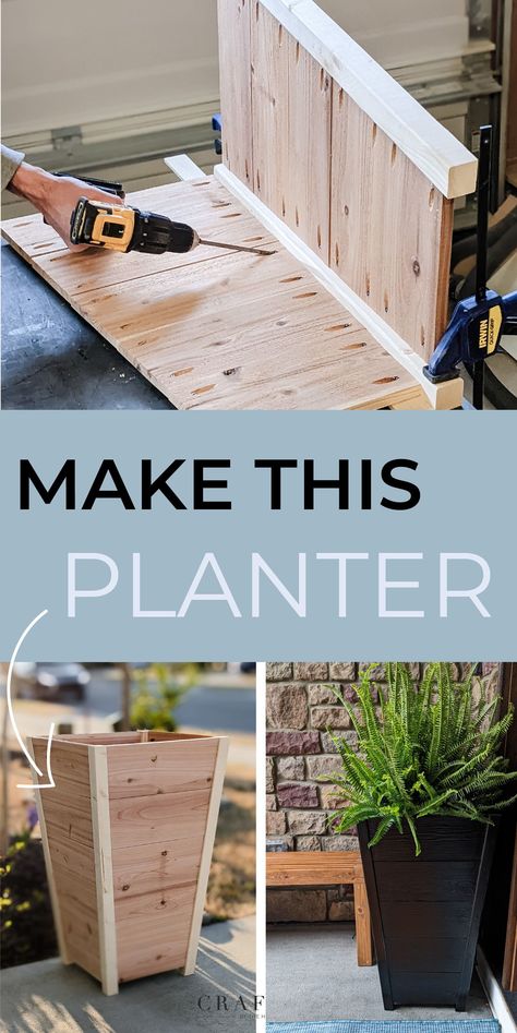 This beautiful DIY cedar planter is great for outdoors. Perfect for a front porch or patio! The tapered design gives it a timeless look. Make your DIY planter today using this step-by-step tutorial! Diy Wood Planter Box, Cedar Wood Projects, Diy Wooden Planters, Diy Wood Planters, Planter Box Plans, Cedar Planter Box, Diy Planter, Cedar Planters, Diy Planter Box