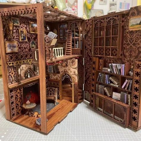 Bookish DIY Kits To Buy and Make for Holiday Gifting | Book Riot Eternal Bookstore, Diy Book Nook, Book Nook Kit, Diy Cabin, Bookshelf Art, Mini Library, Model Building Kits, Miniature Rooms, Wooden Books