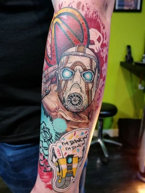 Gamer Tattoo Sleeve, Claptrap Tattoo, Video Game Tattoo Sleeve, Video Game Tattoo Ideas, Game Tattoo Ideas, Borderlands Tattoo, Playstation Tattoo, Game Tattoo, Video Game Tattoos