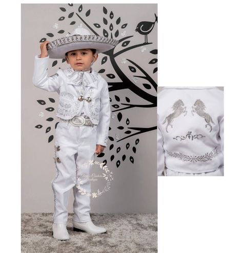 "Handmade Item hight quality charro outfit!  Let's just say the picture describes itself, how cute is this charro outfit! Perfect for any special occasion, especially when it's a traditional quince, baptism \"bautizó\", first communion \"primera comunión\" and classic traditional birthday.  -100% embroidered  -Jacket  -Padded shoulders  -Matching embroidered vest -Long sleeve white collar top -Pants with zipper and button closure -Bow tie  -Embroidered Pants  -Lining within pants, vest, & jacket Charro Baptism, Charro Outfit, Charro Suit, Communion Sets, Charro Quinceanera, Charro Quinceanera Dresses, Jacket Belt, Christening Candle, Embroidered Vest