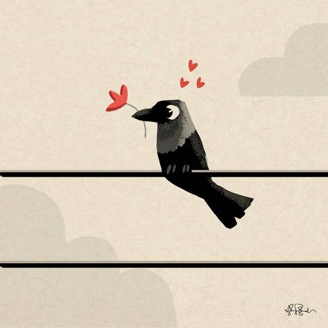 Crow Cute Drawing, Crows Doodle, Crow Illustration Cute, Illustration Art Cute, Cute Illustration Art, Crow Illustration, Crow Drawing, Bird Sketches, Illustrations Ideas