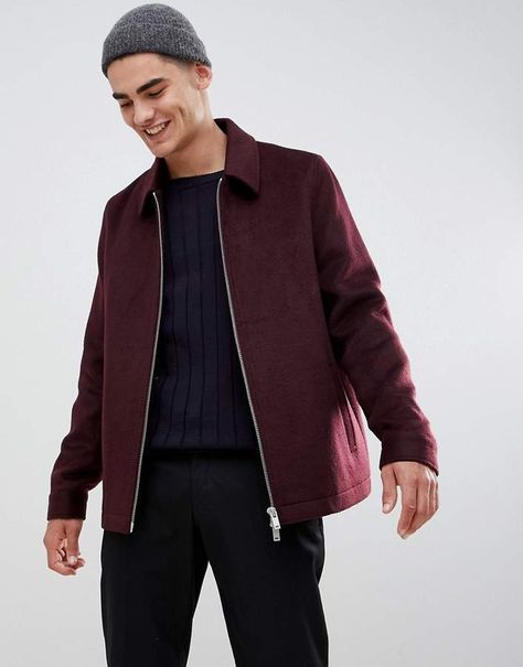 ASOS DESIGN wool mix zip through jacket in burgundy Maroon Moodboard, Oxblood Outfit, Retail Photography, Sewing Styles, Wool Jacket Men, Guys Fashion Casual, Maroon Jacket, Asos Men, Burgundy Jacket