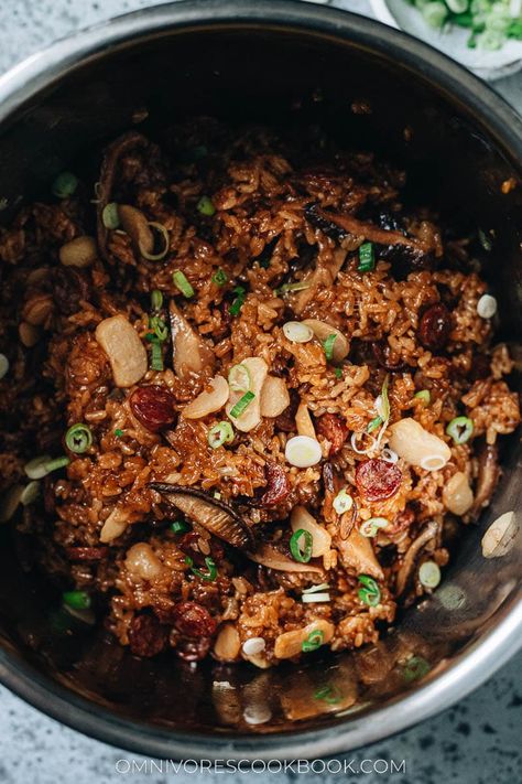 Chinese sausage rice (腊肠饭) made easy using the Instant Pot. No rice soaking required, minimal active cooking time, and perfect results. The rich and savory sticky rice is seasoned with soy sauce and mixed with sweet Chinese sausage and crunchy water chestnuts. It’s an ideal one-pot weekday dinner! Instant Pot Chinese, Sausage Rice, Rice Stuffing, Chinese Sausage, Weekday Dinner, Burnt Food, Using A Pressure Cooker, Water Chestnuts, Dried Mushrooms