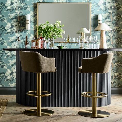 Furniture | Williams Sonoma Curved Home Bar, Curved Bar Counter, Bar Counter Design Home, Funky Bar Stools, Small Home Bar Ideas, Art Deco Bar Stools, Kitchen Counter Bar, Brass Bar Stools, New Home Furniture