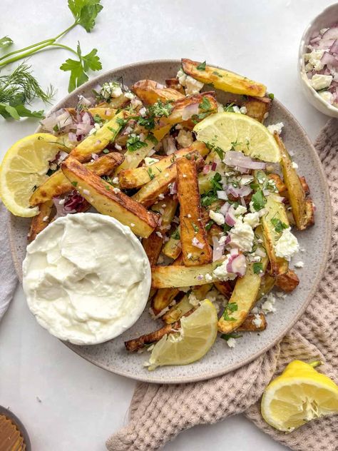 Greek Loaded Fries, Greek Roasted Potatoes, Greek Fries, Dirty Fries, Greek Pasta Salad Recipe, Greek Potatoes, Dried Potatoes, Greek Salad Pasta, Loaded Fries