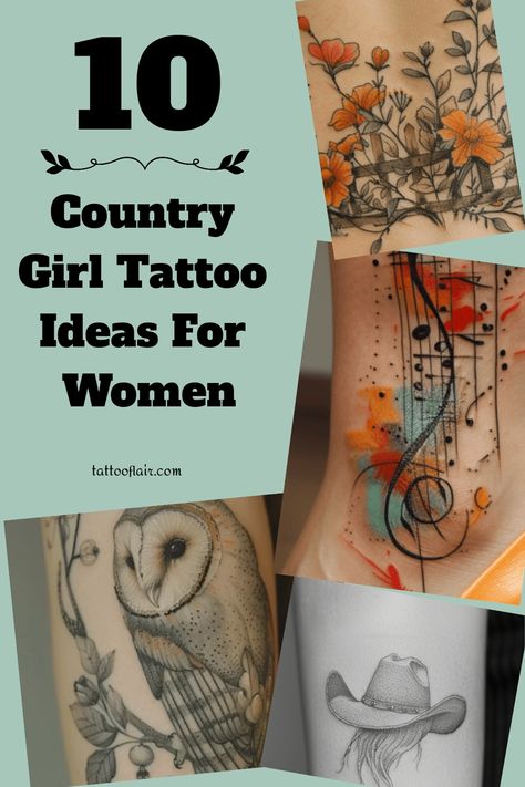 If you're a country girl at heart looking for tattoo inspiration, check out these stunning country girl tattoo ideas for women. Embrace your Southern roots with designs that showcase your love for the outdoors, wildlife, and all things rustic. From delicate wildflower bouquets to bold horses and cowboy boots, there's a design out there that perfectly captures your country spirit. Whether you prefer small and subtle tattoos or larger statement pieces, these country girl tattoos are sure to make a Country Girl Tattoo Ideas, Country Music Tattoos For Women, Cowboy Tattoo For Women, Country Music Tattoos, Southern Tattoos, Girl Tattoo Ideas, Country Girl Tattoos, Father Son Tattoo, Wildflower Bouquets