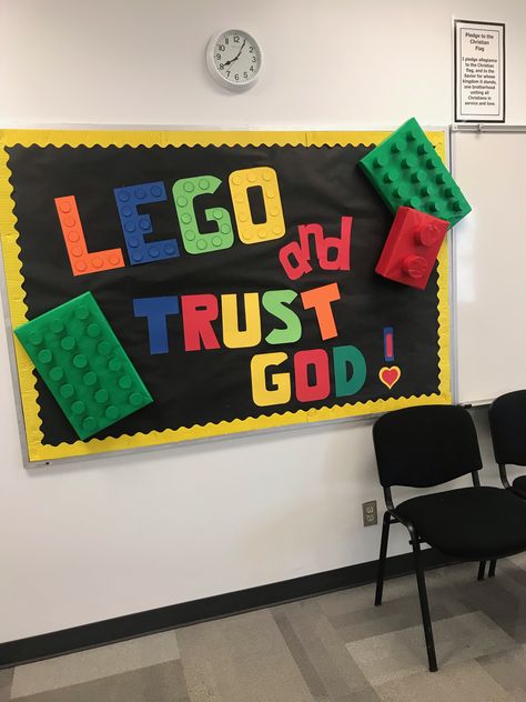 Lego And Trust God, Vbs Board Game Theme Crafts, Twists And Turns Craft Ideas, Vacation Bible School Decorations, Board Game Bulletin Board Ideas, Board Game Door Decorations, Lego Vbs Decorations, Faith Bulletin Board Ideas, Children Church Decor Ideas