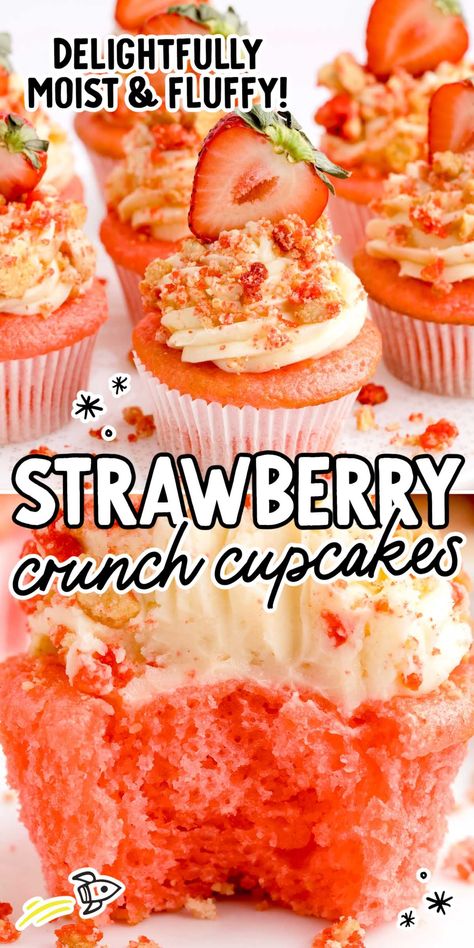 Strawberry Cake Design, Strawberry Crunch Cupcakes, Moist Strawberry Cake, Creamy Vanilla Frosting, Delicious Strawberry Cake, Strawberry Crunch, Cookie Crunch, Strawberry Cake Recipes, Strawberry Cupcakes