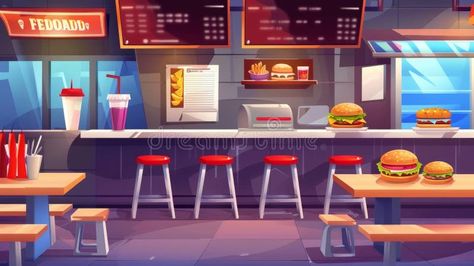 The interior of the fastfood restaurant contains burgers, pizzas, donuts, and drinks. This modern cartoon illustration stock photos Restaurant Cartoon, Fastfood Restaurant, Hamburger Restaurant, Vector Mountain, Modern Cartoon, Illustration Photo, Fast Food Restaurant, Cartoon Illustration, Donuts