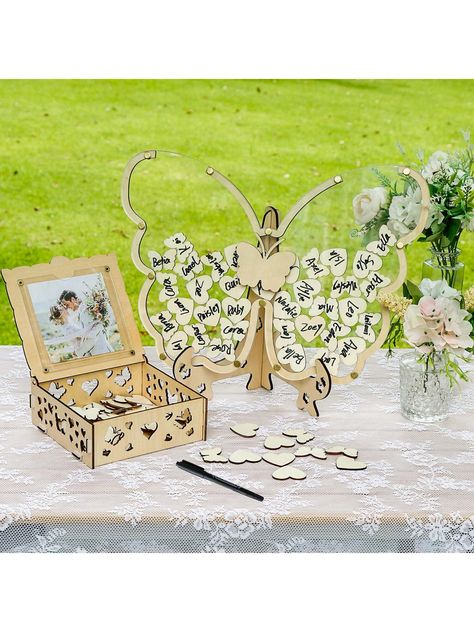 1 Set Wooden Butterfly Wedding Sign-In Frame - 40*28cm (Includes Wooden Storage Box, 1 Black Signing Pen, 50 Butterfly Sign-In Cards, 50 Heart Sign-In Cards), Wooden Wedding Guest Book Drop Box, Sign-In Frame For Wedding ReceptionI discovered amazing products on SHEIN.com, come check them out! Country Wedding Guest Book, Wedding Drop Box Guest Book, Drop Box Guest Book, Wooden Wedding Guest Book, Wooden Butterfly, Alternative Gifts, Wooden Storage Box, Butterfly Wedding, Winter Wonderland Wedding