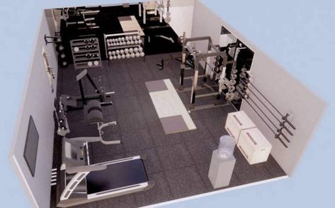 Small Home Gym Layout: 8 Floor Plans From 100-500 Square Feet | PowerliftingTechnique.com Small Gym Design Interior, Small Garage Gym Ideas Layout, Home Workout Rooms, Garage Gym Ideas Layout, Gym Layouts, Crossfit Home Gym, Home Gym Layout, Gym Layout, Small Home Gyms