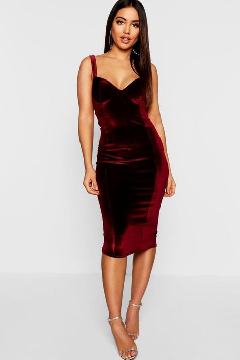 Latest Velvet Dresses, Velvet Bustier, Midi Party Dress, Crushed Velvet Dress, Strappy Midi Dress, Velvet Midi Dress, Black Velvet Dress, Bodycon Fashion, Red Midi Dress