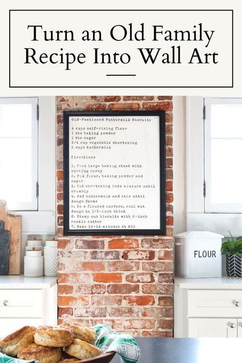 Put a cherished family recipe on display by transforming it into an inexpensive, farmhouse-inspired work of art. Recipe On Wall, Simple Kitchen Wall Decor, Recipe Display Ideas, Recipe Wall Art, Olive House, Recipe Wall, Hgtv Kitchens, Kitchen Mosaic, Mosaic Backsplash Kitchen