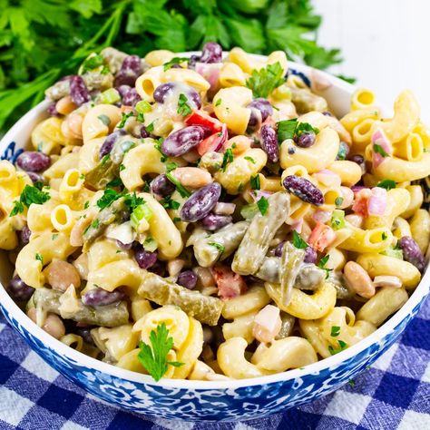 Bean Salad With Corn, Creamy Pasta Salad Recipe, Recipes Beans, Exciting Salads, 3 Bean Salad, Spicy Southern Kitchen, Southern Potato Salad, Creamy Pasta Salads, Bean Pasta