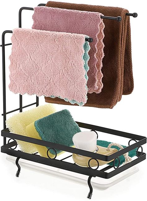 AmazonSmile - Juxyes Kitchen Sink Caddy Sponge Holder with Dishcloth Drying Rack, Kitchen Rag Stand Sponge Brush Soap Dish Dishcloth Rack Sink Storage Organizer for Kitchen Countertop (Black) - Kitchen Countertop Black, Cloth Drying Rack, Kitchen Sink Caddy, Sink Sponge Holder, Drying Rack Kitchen, Kitchen Sink Storage, Organizer For Kitchen, Sink Caddy, Drip Pan