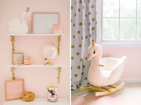 Pink And Gold Swan Nursery, Swan Theme Nursery, Swan Lake Nursery, Swan Bedroom, Newborn Bedroom, Swan Nursery Decor, Baby Shelves, Swan Nursery