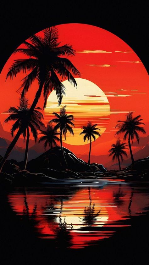 Sun Rise Painting, Astethic Pics, Painted Tumblers, Panorama Alam, Pretty Sunrise, Palm Tree Background, Synthwave Art, Painting Walls, Good Morning Animation