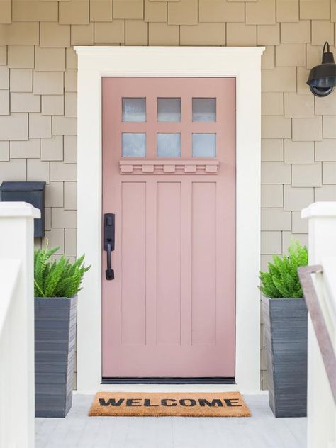 Accessories You Never Knew You Could Spray Paint - HGTV.com | HGTV Tan House, Front Door Inspiration, Pink Front Door, Warm Paint Colors, Pink Paint Colors, Front Door Paint Colors, Door Paint Colors, Hgtv Magazine, Door Inspiration