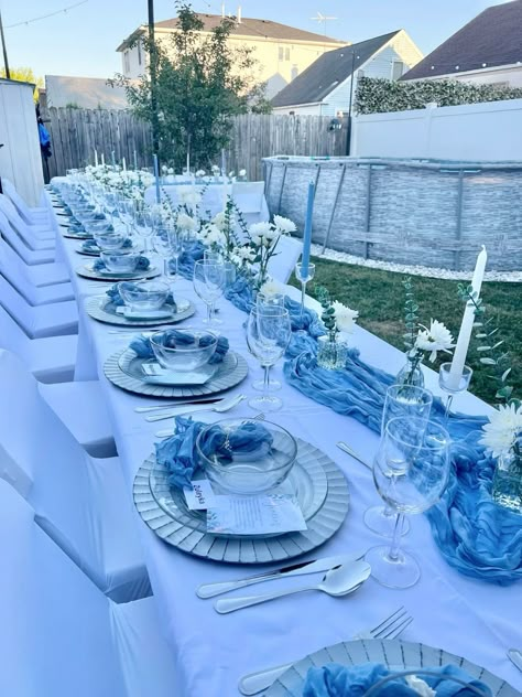 Dusty blue birthday   #birthday #dustybluebithday #32ndbirthday #tabledecorationideas #tableideas #decorationidea #birthdaydecorationsgarden #birthdaypartyideas #gardenbirthdayideas Blue White Party Decor, Ice Blue Birthday Theme, Blue Dinner Party Decor, Pastel Blue Birthday Decorations, White And Blue Decorations Party, Birthday Ideas Blue Theme, Blue Aesthetic Party Decor, Blue Birthday Table Decorations, Blue And White Party Ideas