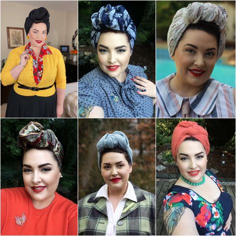 Learn six differnt way to tie a vintage style turban with this tutorial. Turbans are a fun way to acheive a vintage 1940s style. 50s Head Scarf Vintage Fashion, Vintage Headscarf Tutorial, Silk Scarf Turban Tutorial, 50s Turban, Turban Sewing Pattern, 1940s Turban, Diy Headscarf, 30s Hair, Tie A Head Scarf