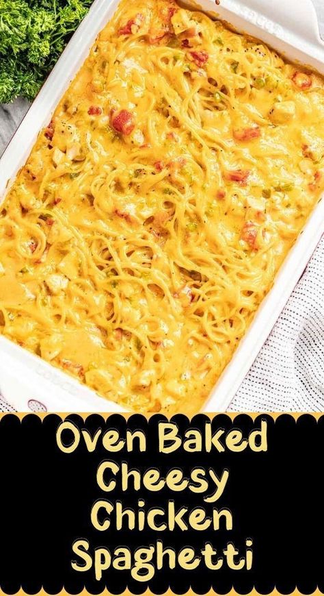 Cheesy Chicken Spaghetti is a family comfort food favorite! This recipe uses a from-scratch sauce that is super easy to make so that your delicious cheesy casserole is ready for the oven in just 15 minutes. Baked Cheesy Chicken, Baked Chicken Spaghetti, Chicken Spaghetti Recipe, Easy Oven Baked Chicken, Chicken Spaghetti Casserole, Cheesy Chicken Spaghetti, Chicken Spaghetti Recipes, Cheesy Casserole, Spaghetti Recipe