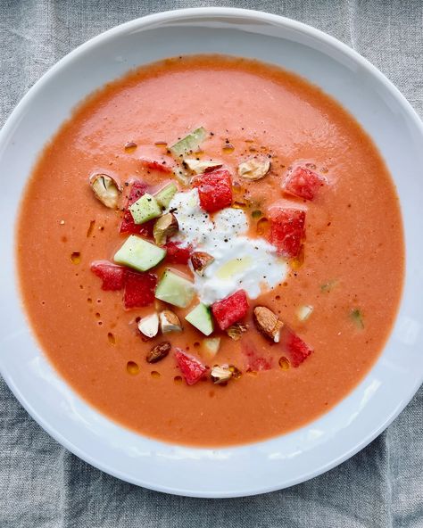 Watermelon Gazpacho with Feta Crema - by Susan Spungen Susan Spungen, Watermelon And Feta, Watermelon Gazpacho, Summer Produce, Gazpacho, How To Do Yoga, Melon, Feta, Tomatoes