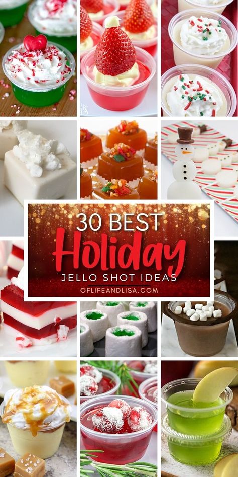 Let the party begin! Check out these crazy delicious holiday jello shot ideas that everyone will love! #holiday #christmas #thanksgiving #partyfoods #partydrinks #jelloshots #cocktails #drinks Nye Pudding Shots, Christmas Themed Shots Party Ideas, Mistletoe Jello Shots, Hello Shots Christmas, Festive Jello Shots, Christmas Shots Jello, Jell-o Shot Christmas Tree, Jello Shot Recipes New Years Eve, Diy Jello Shots