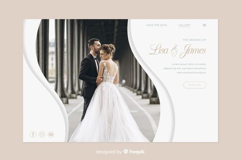 Template for wedding landing page with p... | Free Vector #Freepik #freevector #freewedding #freedesign #freetemplate #freecelebration Wedding Photobook Cover, Wedding Cover Design, Wedding Album Cover Design Ideas, Wedding Album Design Ideas, Wedding Album Cover Page, Wedding Photo Book Cover, Wedding Photo Book Layout, Wedding Album Design Layout, Wedding Poster Design