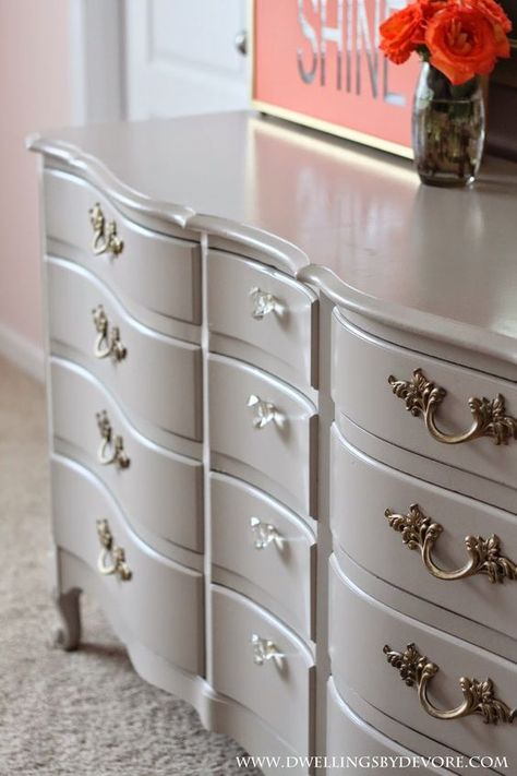 French Provincial dresser makeover, Behr Marquee Graceful Gray French Dresser Makeover, Provincial Dresser Makeover, French Provincial Dresser Makeover, Behr Marquee, Provincial Dresser, French Provincial Dresser, Diy Dresser Makeover, French Provincial Furniture, Grey Dresser