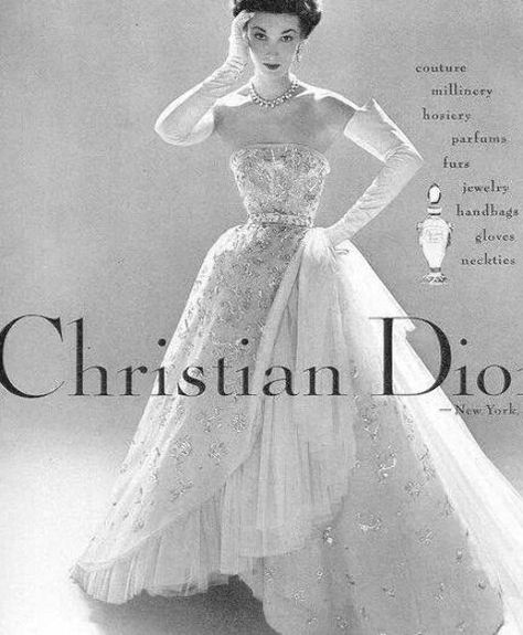 Christian Dior 1952 vintage ad for Dior Gown. See more Vintage Dior dresses on the Vintage Blog   #1950s #dior #diordress #1950sdress  #1950sfashion Dior Vintage Dress, Dior Wedding Gown, Vintage Dior Dress, Dior Wedding Dresses, Dior 1947, Christian Dior Gowns, Christian Dior Dress, Dior Dresses, Dior Gown