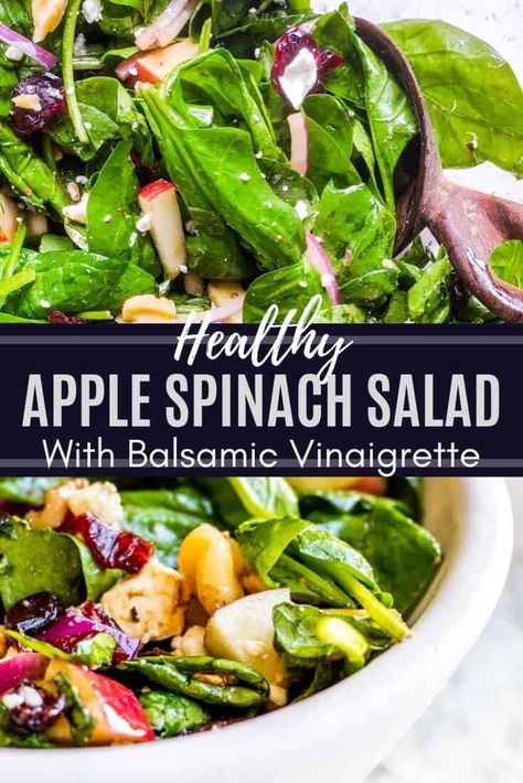 The BEST Healthy Spinach Apple Salad with Homemade Honey Balsamic Vinaigrette. This recipe is perfect for holidays, a side dish or main course. This vegetarian salad is packed with dried cranberries, feta, red onion, apples, and walnuts for the perfect combo. VIDEO #salad #healthy #vegetarian Balsamic Spinach, Apple Spinach Salad, Spinach Apple Salad, Balsamic Vinaigrette Salad, Honey Balsamic Vinaigrette, Apple Salad Recipes, Side Salad Recipes, Vinaigrette Salad, Vegetarian Salad Recipes