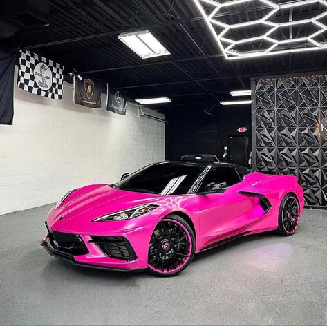 Hot Pink Corvette, Hot Pink Car Aesthetic, Lambo Truck, Hot Pink Cars, Pink Corvette, Car Lamborghini, Pink Cars, Ultimate Garage, Top Luxury Cars