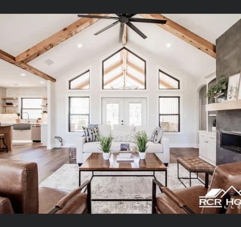 Beam Cathedral Ceiling, Cathedral Ceiling Living Room, Beams Living Room, Barndominium Interior, Barn House Interior, Italy House, Family House Plans, Exposed Beams, Custom Built Homes