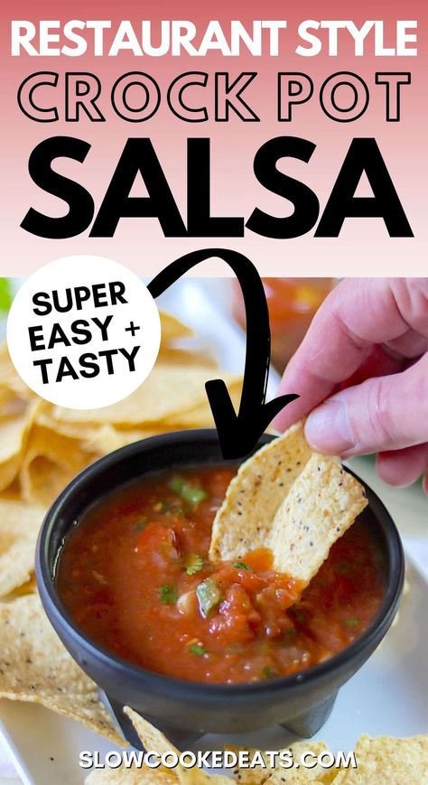 Easy Restaurant Style Crockpot Salsa Recipe | Slow Cooked Eats Crockpot Salsa For Canning, Restaurant Style Salsa Recipe, Crockpot Salsa, Canned Salsa Recipes, Salsa Canning Recipes, Best Salsa Recipe, Sweet Salsa, Slow Cooker Salsa, Mediterranean Diet Recipes Dinners