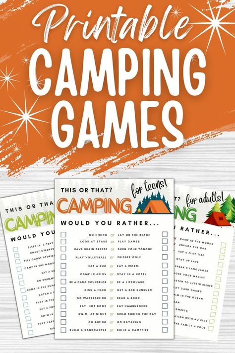 printable camping games Camping Games For Kids, Taboo Cards, Camping Bingo, Camping Printables, Campfire Games, Taboo Game, Camping In The Woods, Quiet Activities, Family Camping Trip