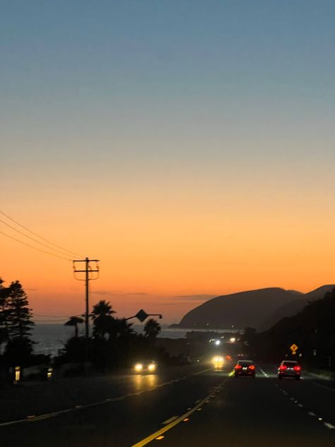 Sunset Malibu California Aesthetic, Sunset California, Malibu Mountains, Malibu Nights Spotify, Driving Sunset Aesthetic, Sunset Car Drive Aesthetic, Sunset Driving Aesthetic, California Hills, Malibu Sunset