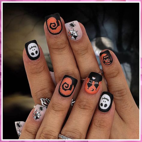 Uranian Square Press on Nails Short Black Matte Fake Nails Halloween False Nails Spider Full Cover Acrylic Nails Orange Stick on Nails for Women and Girls 24pcs (Pattern-A) Hawaiian Nails, Orange Acrylic Nails, Short Fake Nails, Holloween Nails, Mens Nails, Halloween Acrylic Nails, Cheetah Nails, Diy Nail Designs, Cute Gel Nails