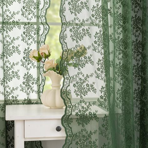 PRICES MAY VARY. Ready-Made Curtains: Package includes 2 Panels olive green sheer curtains. Made of high quality lace fabric, each panel measuring 52"W x 63"L. Rod pocket top fit the most standard rod, easy to hang up and slide. Pretty and Elegant : These olive green sheer curtains made with poly and scalloped trim floral lace , add a vintage boho elegance and classy flair to your house. They are also classical aesthetic meets the pop trends design, offering a luxurious feel that will enhance th Green Curtains Aesthetic, Sunroom Bohemian, Green Bedroom Curtains, Lace Kitchen Curtains, Bohemian Christmas Decor, Green Curtains Bedroom, French Lace Curtains, Olive Green Curtains, Kitchen Sunroom