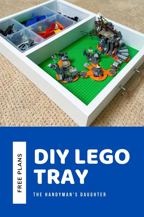 Take Lego on the go with this simple DIY Lego tray! Customize the two sides for an organizer or loose pieces, and Lego base plates for building! It's easy to carry with handles on both sides. Get the free woodworking plans for this project and get building today! Lego Tray, Lego Diy Crafts, Thrift Store Furniture Makeover Diy, Diy Lego, Lego Table, Lego Diy, Lego Storage, Lego Pieces, Free Woodworking Plans