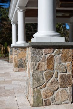 Exterior Design Ideas, Pictures, Remodels and Decor Modern New England Home, Gabion Stone, Stone Veneer Exterior, Stone Veneer Fireplace, Stone Porches, Outdoor Living Space Design, Natural Building Materials, Rock Walls, England Homes