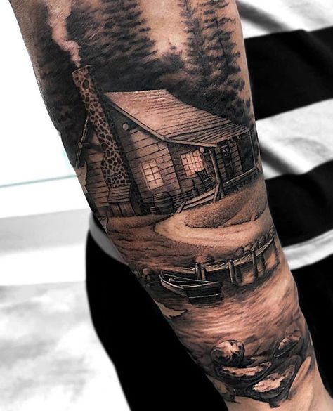 Log Cabin Tattoo, Cabin Tattoo, Natur Tattoo Arm, Portrait Tattoo Sleeve, Outdoor Tattoo, Native American Tattoo Designs, Wood Tattoo, Forearm Tattoo Quotes, Left Arm Tattoos