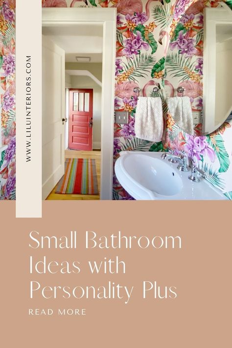 Give your small bath a big personality with design ideas for small bathrooms by LiLu Interiors #bathroomideas #wallpaper #tile #powderroom #bathroomdesign #interiordesign #designinspiration #powderbath #wallpaperinspo #designideas #remodel #newconstruction #color #pattern #scale #florals #bright #happy #inviting #fun Fun Bathroom Wallpaper, Bold Bathroom Wallpaper, Funky Bathrooms, Colorful Powder Room, Vibe Bathroom, Tile Bathtub, Clear Shower Door, Funky Bathroom, Small Full Bathroom