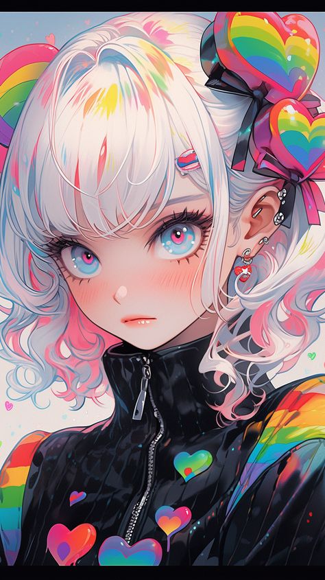 Rainbow Character Design, Girl With White Hair, Japanese Pop Art, Vaporwave Art, Chibi Anime Kawaii, Character Design Animation, Rainbow Art, Beautiful Drawings, Cute Anime Pics