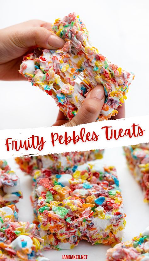 A hand is pulling apart a fruity pebbles treat in the top image. The bottom image shows a few fruity pebbles treats on a white counter top. Fruity Pebble Rice Krispie Treats, Fruit Pebbles Rice Crispy Treats, Fruity Pebbles Rice Crispy Treats, Fruity Pebble Bars, Cereal Ideas, Fruity Pebbles Treats, Easter Rice Krispie Treats, Sweet Deserts, Easy Impressive Dessert