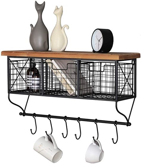 Amazon.com: Industrial Wall Mounted Metal Wood Shelf with Baskets Hooks Hanging Storage Rack Display Shelf Sundries Holder for Coffee Bar Kitchen Office Bathroom Organization and Home Decor, Black : Home & Kitchen Shelf With Baskets, Display Ledge, Wall Mounted Kitchen Storage, Ledge Shelves, Storage Bookshelf, Decorative Shelves, Kitchen Wall Storage, Shelves Ideas, Shelves Wall